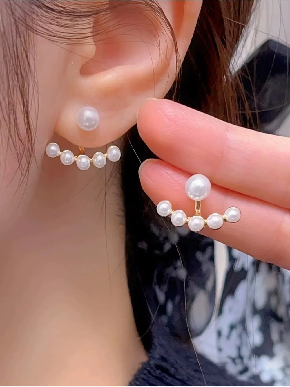 ***Dainty Pearl Double-Row Ear Jacket Earrings - White Pearlescent